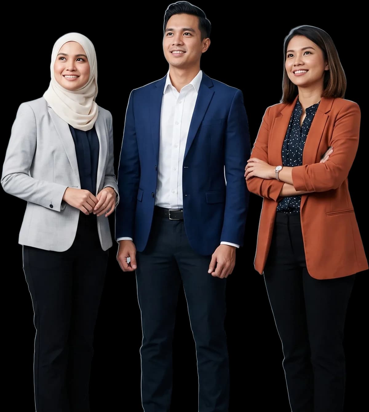Three Malaysian professionals in business dress standing together
