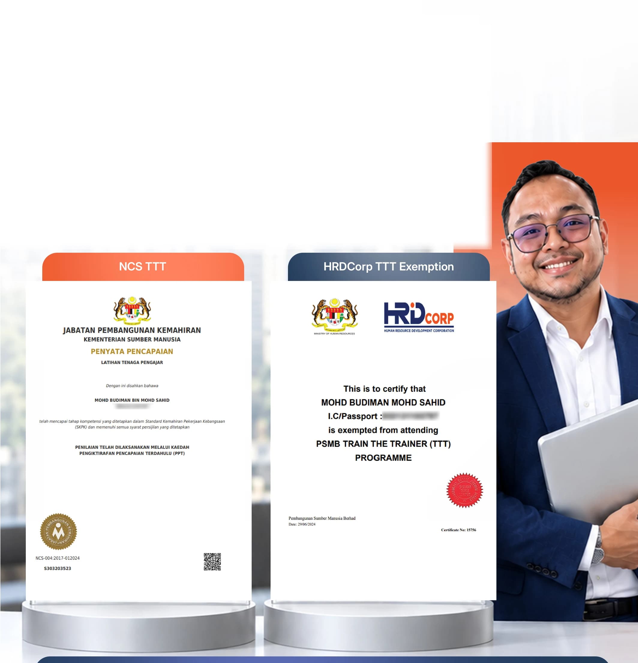 Sijil NCS TTT daripada Jabatan Pembangunan Kemahiran dan sijil HRDCorp TTT Exemption
