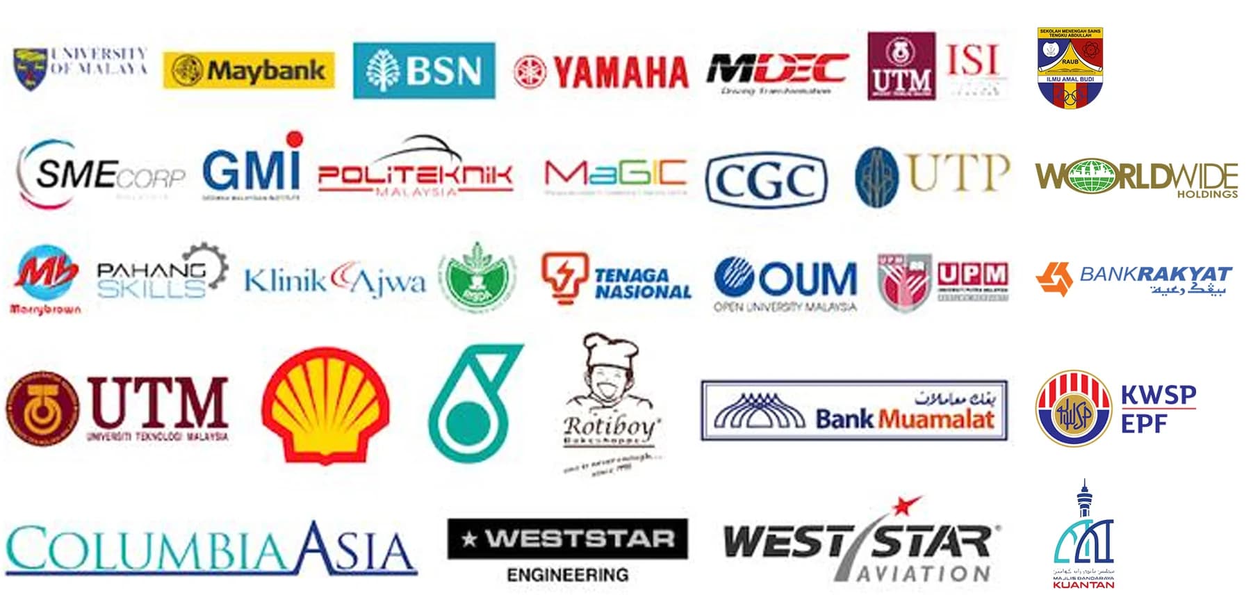 Universiti Malaya, Maybank, BSN, Yamaha, MDEC, UTM, SME Corp, GMI, Politeknik Malaysia, MaGIC, CGC, UTP, Worldwide Holdings, Marrybrown, Pahang Skills, Klinik Ajwa, RISDA, Tenaga Nasional, Open University Malaysia, UPM, Bank Rakyat, Shell, Petronas, Rotiboy, Bank Muamalat, KWSP EPF, Columbia Asia, Weststar Engineering, Weststar Aviation